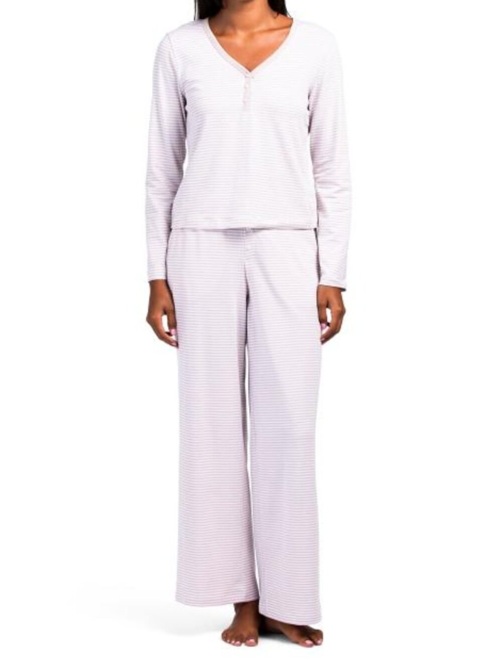 RACHEL ASHWELL 2pc Cotton Blend Stripe Henley Neck Top And Pants Lounge Set